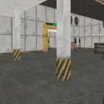 Pohled z první osoby s postavami v sci-fi interiéru s šedými stěnami a kovovou konstrukcí