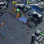 Pohled shora na sci-fi městskou základnu s postavami a technologickými budovami v šedivém, industriálním prostředí