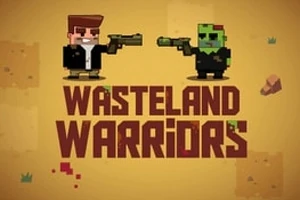 Dva pixelovaní postavy s pistolemi stojí naproti sobě nad textem Wasteland Warriors na žlutém pozadí