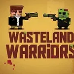 Dva pixelovaní postavy s pistolemi stojí naproti sobě nad textem Wasteland Warriors na žlutém pozadí