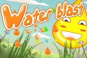 Usměvavá oranžová kapka vody v trávě pod oblohou s nápisem Water blast ve veselém stylu