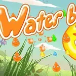 Usměvavá oranžová kapka vody v trávě pod oblohou s nápisem Water blast ve veselém stylu