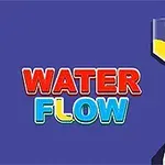 Text „WATER FLOW“ vedle ilustrace proudící žluté kapaliny do sklenice na modrém pozadí