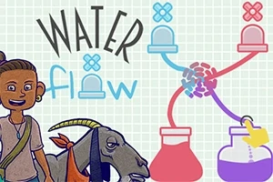 Ilustrace zobrazuje usměvavou postavu vedle kozy s textem Water Flow a grafikou znázorňující proudění tekutin mezi baňkami různých barev