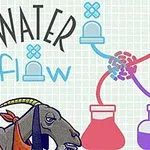Ilustrace zobrazuje usměvavou postavu vedle kozy s textem Water Flow a grafikou znázorňující proudění tekutin mezi baňkami různých barev
