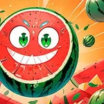 Veselý kreslený meloun s obličejem na oranžovém pozadí s plátky melounu a listy kolem