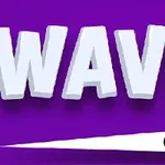Nápis WAVE ve velkém bílém písmu na fialovém pozadí s černou koulí a bílou stopou pod ním