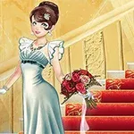 Elegantní žena v modrých šatech s kyticí růží stojí u schodiště s červeným kobercem