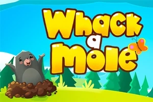 Kreslený krtek vyčnívající z krtince s nápisem Whack a Mole a motýlem na pozadí barevné krajiny s lesem