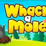 Kreslený krtek vyčnívající z krtince s nápisem Whack a Mole a motýlem na pozadí barevné krajiny s lesem