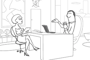 Muž a žena diskutují v kanceláři, žena sedí na židli s deskou v ruce, muž gestikuluje u stolu s notebookem