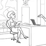 Muž a žena diskutují v kanceláři, žena sedí na židli s deskou v ruce, muž gestikuluje u stolu s notebookem
