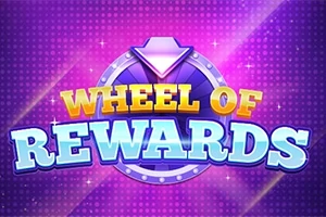 Barevný nápis Wheel of Rewards na fialovém pozadí s dekorem světelných bodů