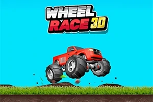 Červené monster truck auto se pohybuje na terénní trati s nápisem „WHEEL RACE 3D“ na modrém pozadí