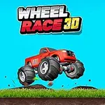 Červené monster truck auto se pohybuje na terénní trati s nápisem „WHEEL RACE 3D“ na modrém pozadí