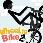 Silueta postavy na kole ve stylu kresleného obrázku s textem Wheelie Bike 2