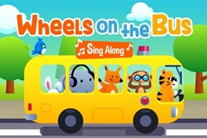 Žlutý autobus se zvířaty jako pasažéry s nápisem Wheels on the Bus a ptačkem na střeše, v pozadí zelená krajina a modrá obloha