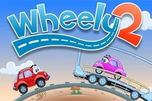 Červené a růžové autíčko s očima na různých úrovních cesty s nápisem Wheely 2 nahoře