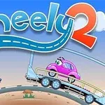 Červené a růžové autíčko s očima na různých úrovních cesty s nápisem Wheely 2 nahoře