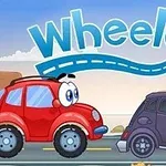Dvě kreslená auta s očima, červené auto a fialové auto s kloboukem, na silnici pod nápisem Wheely 3