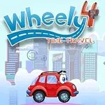 Červené autíčko s očima na obloze před futuristickým městem s nápisem Wheely 4 Time Travel