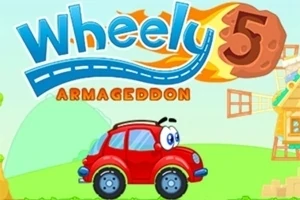 Červené autíčko s velkými očima na zeleném pozadí se slovem Armageddon a velkou číslicí 5 vedle ohnivé koule