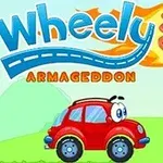 Červené autíčko s velkými očima na zeleném pozadí se slovem Armageddon a velkou číslicí 5 vedle ohnivé koule