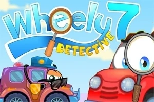 Barevný obrázek s kreslenými auty, lupa a textem Wheely 7 Detective
