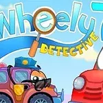Barevný obrázek s kreslenými auty, lupa a textem Wheely 7 Detective