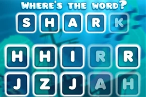 Písmena uspořádaná do čtvercové mřížky na modrém pozadí s nápisem „WHERES THE WORD?