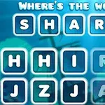 Písmena uspořádaná do čtvercové mřížky na modrém pozadí s nápisem „WHERES THE WORD?