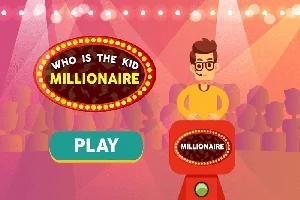 Barevná kreslená scéna s postavou u moderátorského pultu a nápisem Who is the Kid Millionaire, tlačítko Play