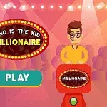 Barevná kreslená scéna s postavou u moderátorského pultu a nápisem Who is the Kid Millionaire, tlačítko Play