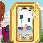 Ilustrace mladé ženy s mobilním telefonem v ruce stojící vedle displeje s balónky, na pozadí město a modrá obloha