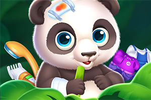 Roztomilá panda s obvazem na hlavě a bambusovým výhonkem v pacičkách obklopená předměty jako kartáček a oblečení