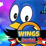 Barevná ilustrace modrého ptáka s velkýma očima, kulatým nosem a textem Wings Rush 2 na zlatém prstenci s hvězdným pozadím