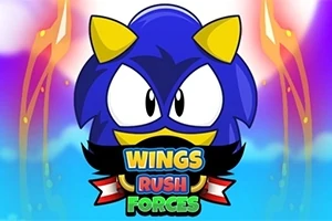 Modrá postava s výraznýma bílýma očima a žlutými detaily, s nápisem Wings Rush Forces ve spodní části