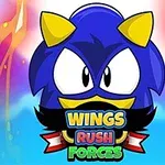 Modrá postava s výraznýma bílýma očima a žlutými detaily, s nápisem Wings Rush Forces ve spodní části