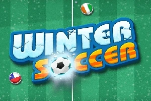 Nápis Winter Soccer na zeleném pozadí s fotbalovým míčem a vlajkami