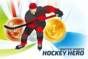 Hokejista v červeném a černém dresu bruslí před bronzovou a zlatou medailí s textem Winter Sports Hockey Hero