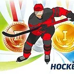 Hokejista v červeném a černém dresu bruslí před bronzovou a zlatou medailí s textem Winter Sports Hockey Hero