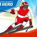 Ilustrace lyžaře ve slalomové pozici v červeno-bílém oblečení s helmou a lyžařskými brýlemi