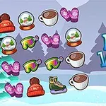 Ikony zimních předmětů jako brusle, hrnky kakaa, snowboardové brýle, čepice a rukavice na pozadí zasněžené krajiny s nápisem Winter Vacation