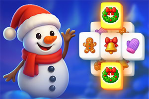 Sněhulák s červenou šálou a čepicí vedle šachovnice s vánočními symboly jako věnec, zvonek a zázvorový perníček