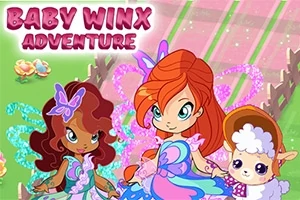 Dvě animované postavy s křídly a ovce, na pozadí travnatá cesta s fialovým nápisem Baby Winx Adventure
