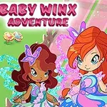 Dvě animované postavy s křídly a ovce, na pozadí travnatá cesta s fialovým nápisem Baby Winx Adventure