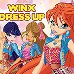 Čtyři postavy v barevném oblečení se usmívají, s textem WINX DRESS UP nad nimi