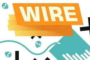 Oranžový nápis WIRE s abstraktními geometrickými tvary na pozadí