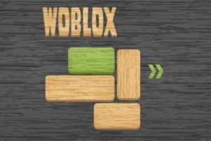 Dřevěné obdélníkové bloky na tmavém pozadí s jedním zeleným blokem uprostřed a nápisem Woblox