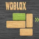 Dřevěné obdélníkové bloky na tmavém pozadí s jedním zeleným blokem uprostřed a nápisem Woblox